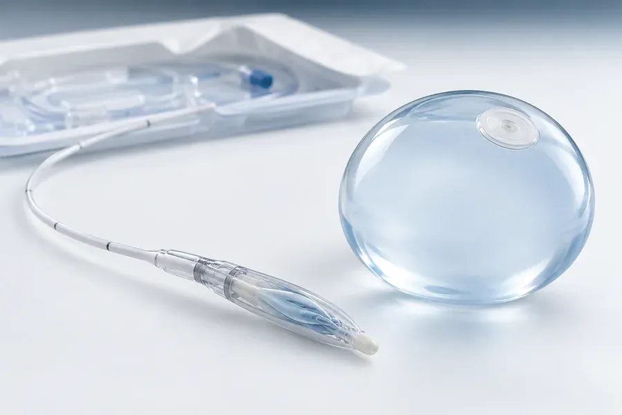 A saline-filled gastric balloon beside its thin placement tube and sterile tray