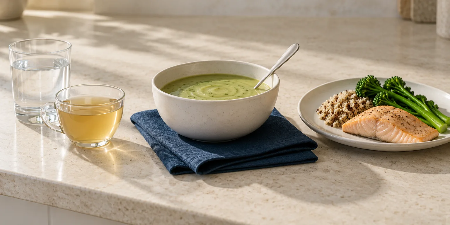 A glass of water, a cup of broth, a bowl of soup and a small plate of salmon, quinoa and broccoli on a kitchen counter